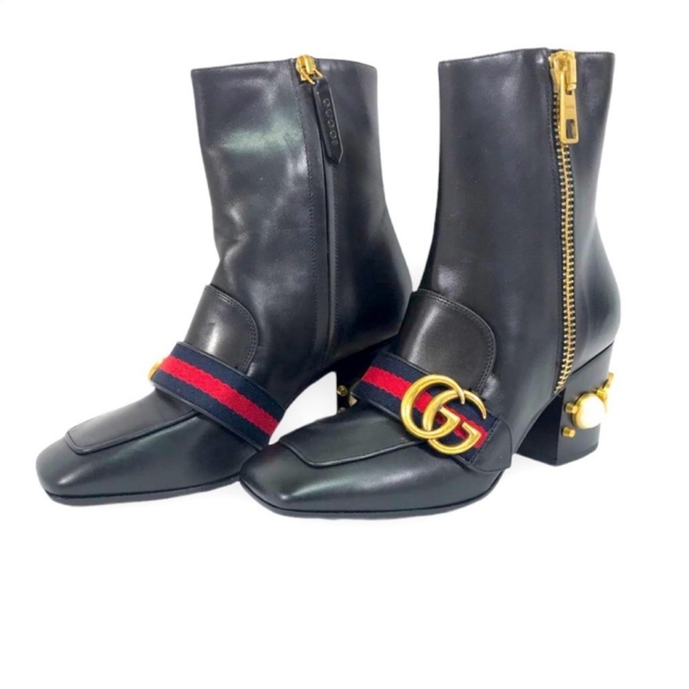 Gucci Peyton Pearly-Heel Ankle Boot in Black Leather Size 8